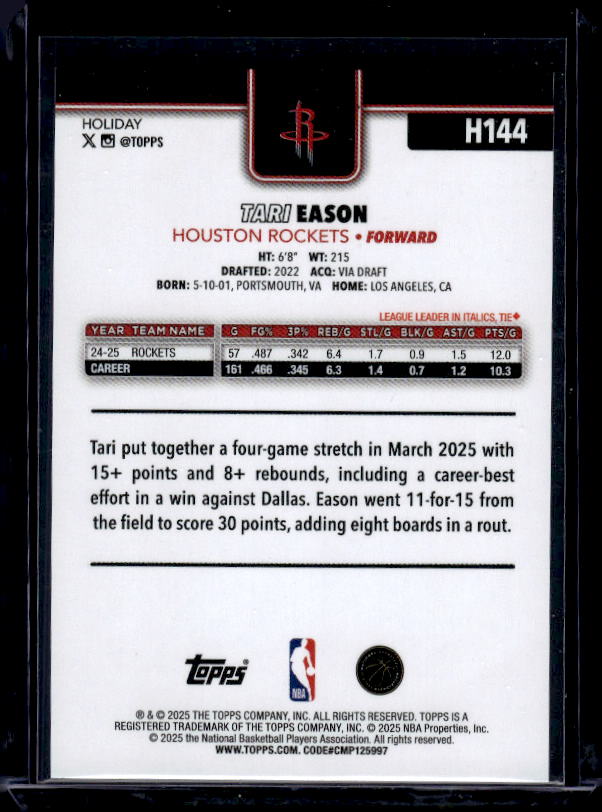 2025-26 Topps Holiday #H144 Tari Eason Glitter Holiday