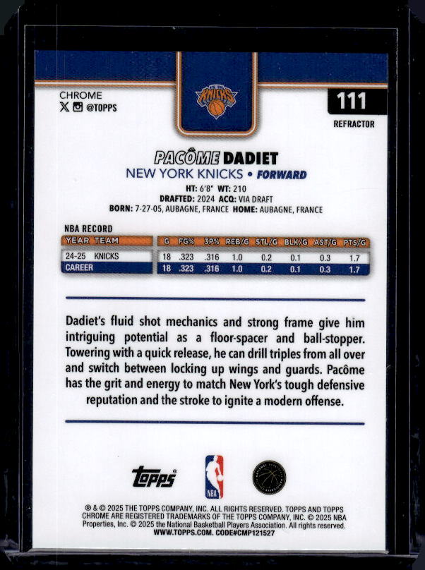 2025-26 Topps Chrome #111 Pacôme Dadiet Refractor