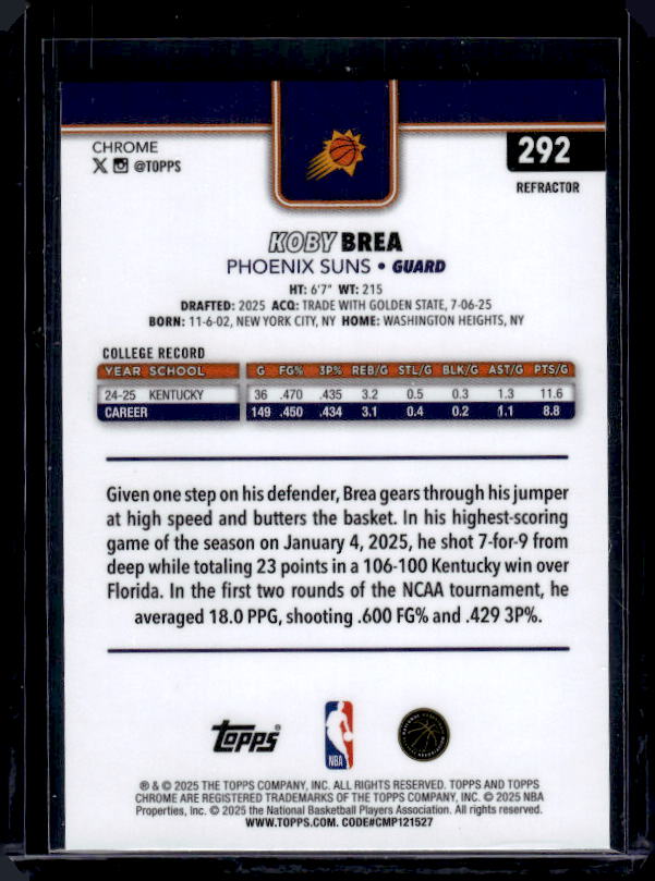 2025-26 Topps Chrome #292 Koby Brea Refractor