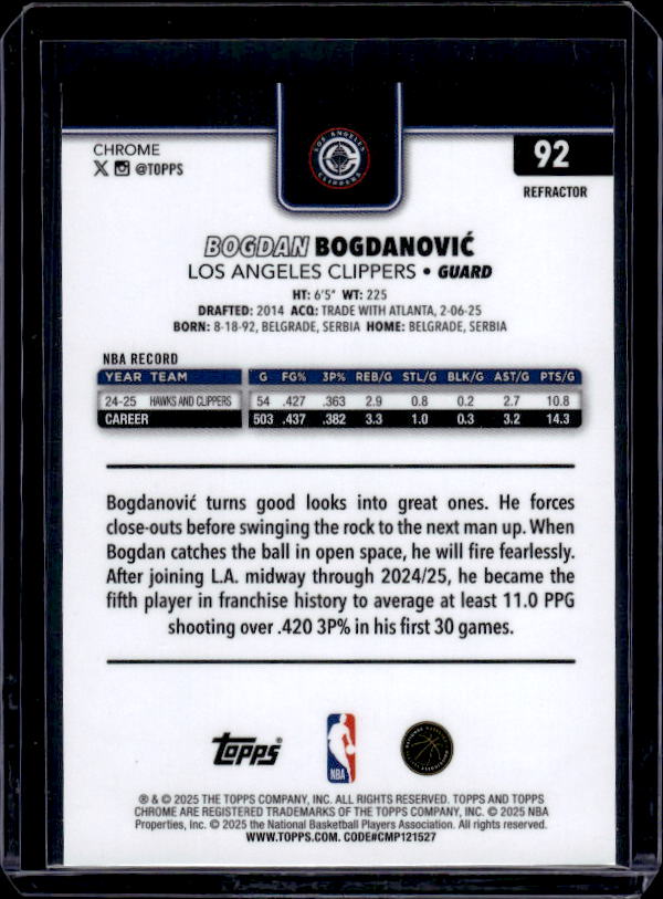 2025-26 Topps Chrome #92 Bogdan Bogdanović Refractor