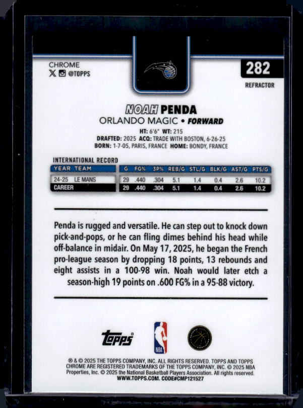 2025-26 Topps Chrome #282 Noah Penda Refractor