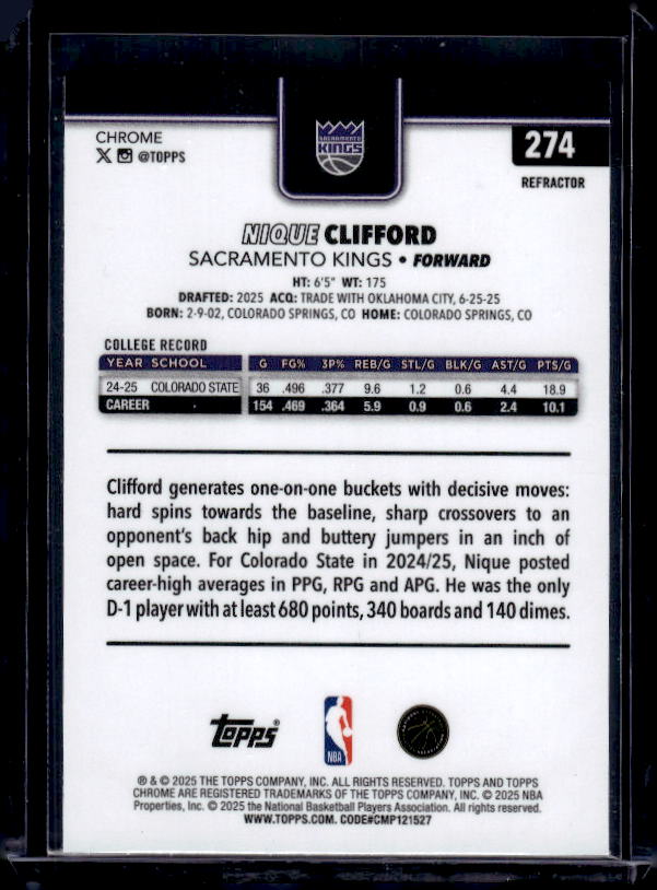 2025-26 Topps Chrome #274 Nique Clifford Refractor