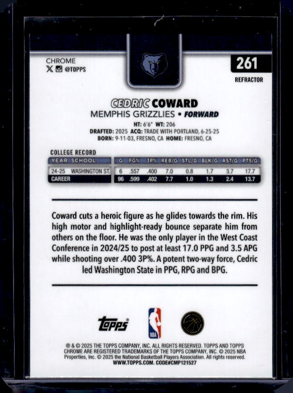 2025-26 Topps Chrome #261 Cedric Coward Refractor