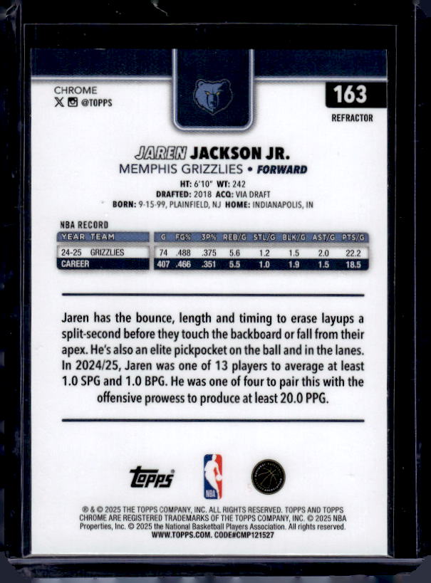 2025-26 Topps Chrome #163 Jaren Jackson Jr. Refractor