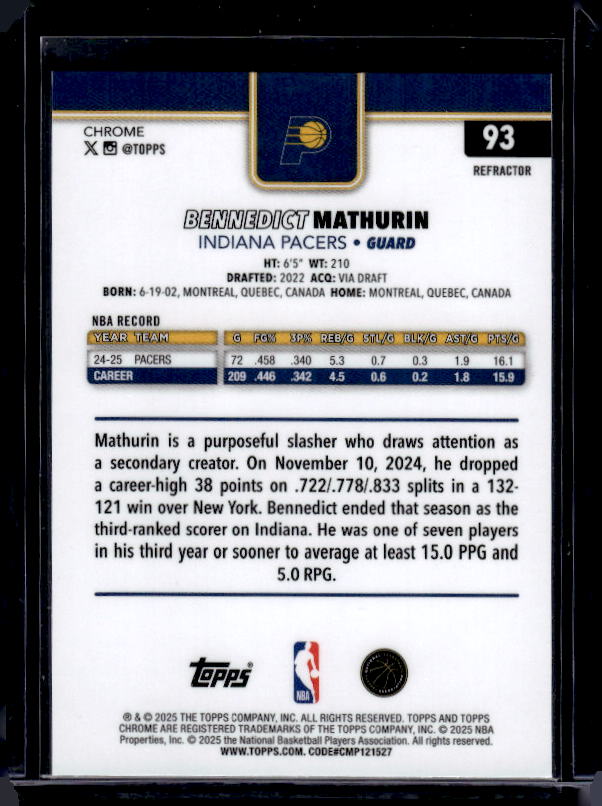 2025-26 Topps Chrome #93 Bennedict Mathurin Refractor