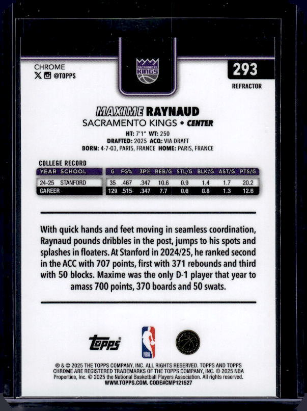 2025-26 Topps Chrome #293 Maxime Raynaud Refractor