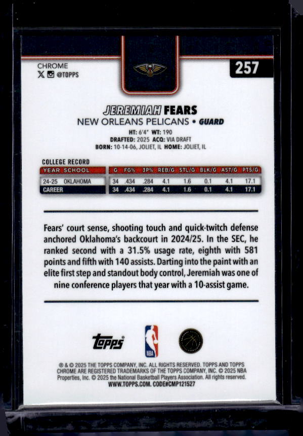 2025-26 Topps Chrome #257 Jeremiah Fears Refractor