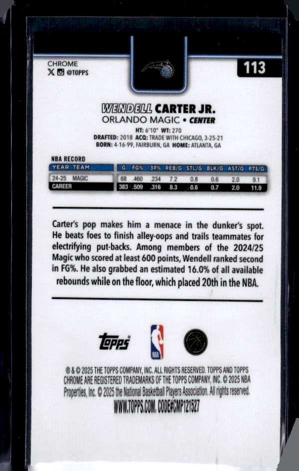 2025-26 Topps Chrome #113 Wendell Carter Jr. Pulsar Refractor