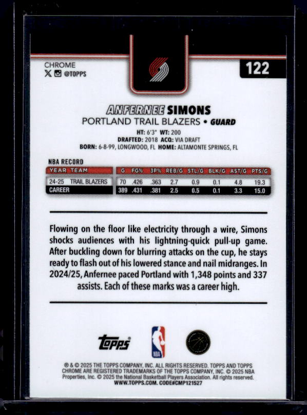 2025-26 Topps Chrome #122 Anfernee Simons Prism Refractor