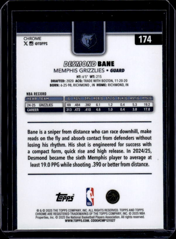 2025-26 Topps Chrome #174 Desmond Bane RayWave Refractor