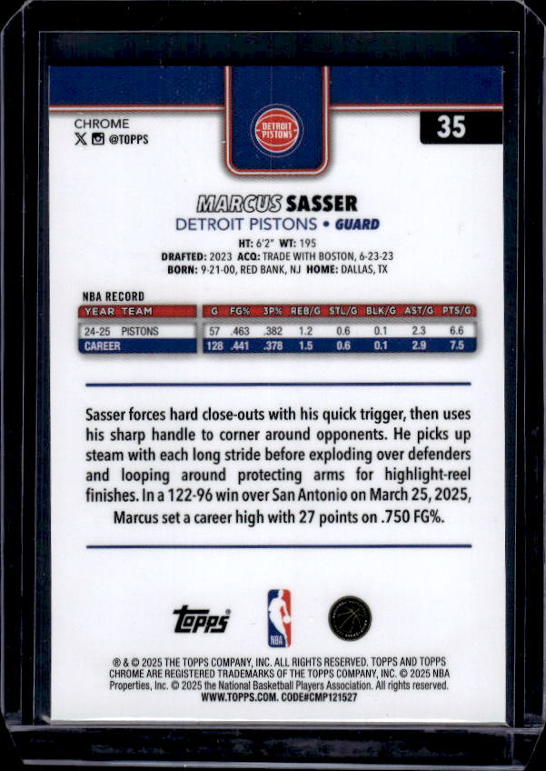 2025-26 Topps Chrome #35 Marcus Sasser RayWave Refractor