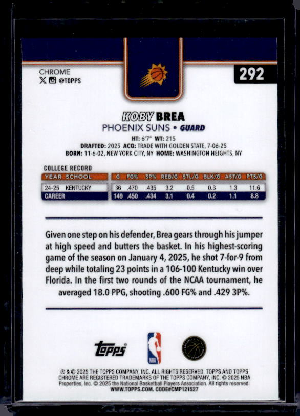 2025-26 Topps Chrome #292 Koby Brea RayWave Refractor