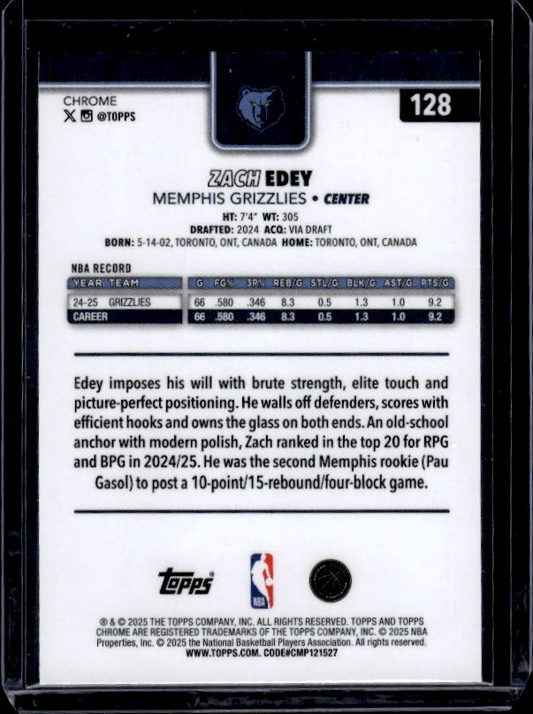 2025-26 Topps Chrome #128 Zach Edey Prism Refractor