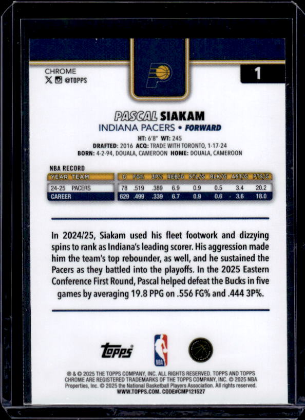 2025-26 Topps Chrome #1 Pascal Siakam Prism Refractor