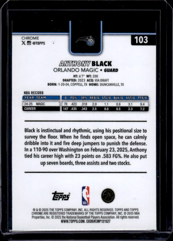 2025-26 Topps Chrome #103 Anthony Black Prism Refractor