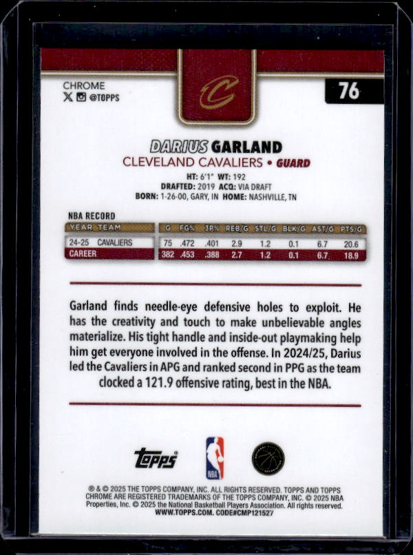 2025-26 Topps Chrome #76 Darius Garland Prism Refractor