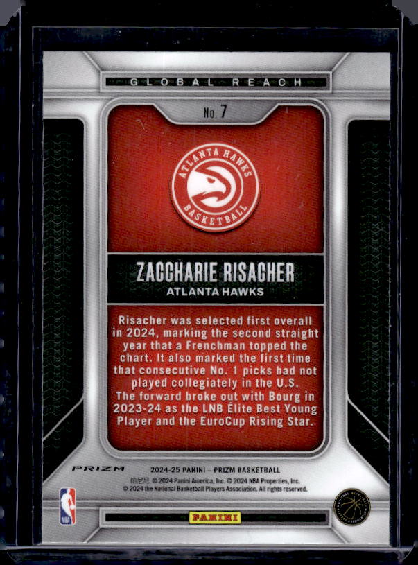 2024-25 Panini Prizm #7 Zaccharie Risacher Global Reach Prizms Silver