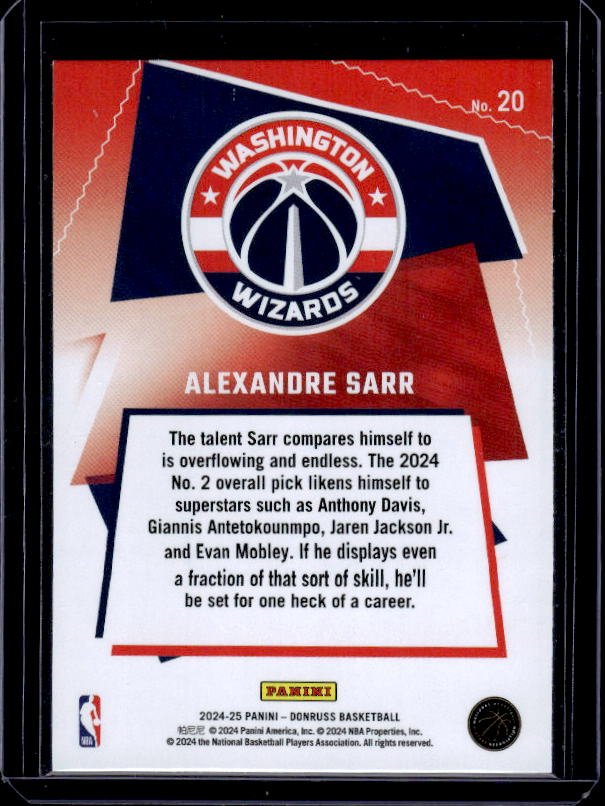 2024-25 Donruss #20 Alexandre Sarr Great X-Pectations