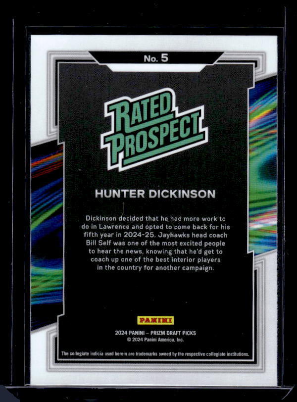 2024 Panini Prizm Draft Picks #5 Hunter Dickinson Rated Prospect