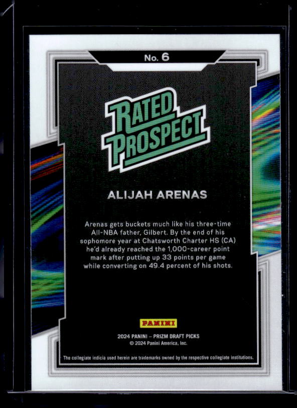 2024 Panini Prizm Draft Picks #6 Alijah Arenas Rated Prospect