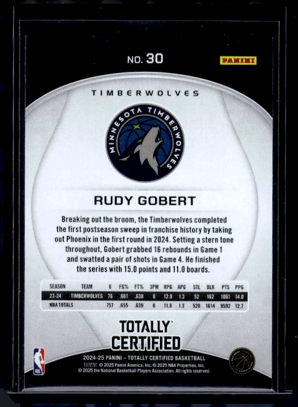 2024-25 Panini Totally Certified #30 Rudy Gobert Mirror Maroon