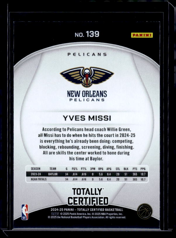 2024-25 Panini Totally Certified #139 Yves Missi Mirror Maroon