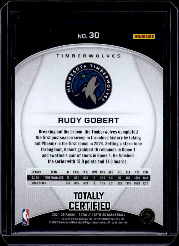 2024-25 Panini Totally Certified #30 Rudy Gobert Mirror Bronze