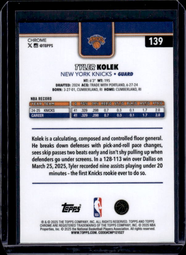 2025-26 Topps Chrome #139 Tyler Kolek Pulsar Refractor