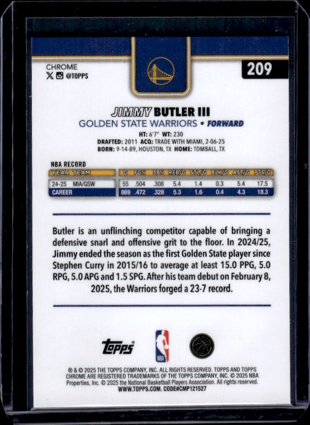 2025-26 Topps Chrome #209 Jimmy Butler III Pulsar Refractor