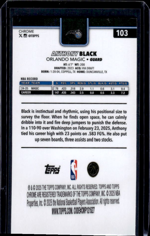 2025-26 Topps Chrome #103 Anthony Black Pulsar Refractor