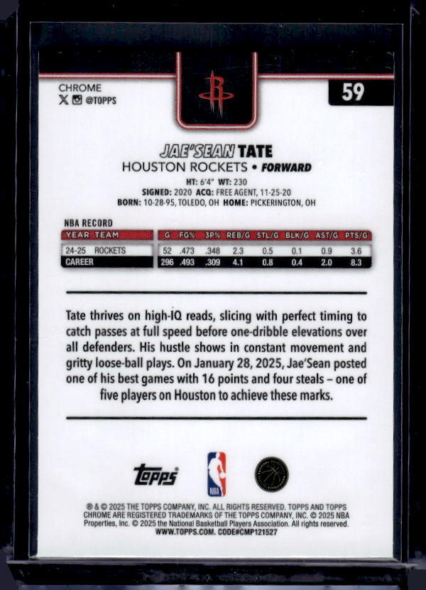 2025-26 Topps Chrome #59 Jae'Sean Tate Pulsar Refractor