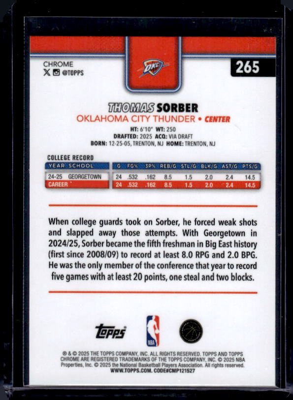 2025-26 Topps Chrome #265 Thomas Sorber Pulsar Refractor