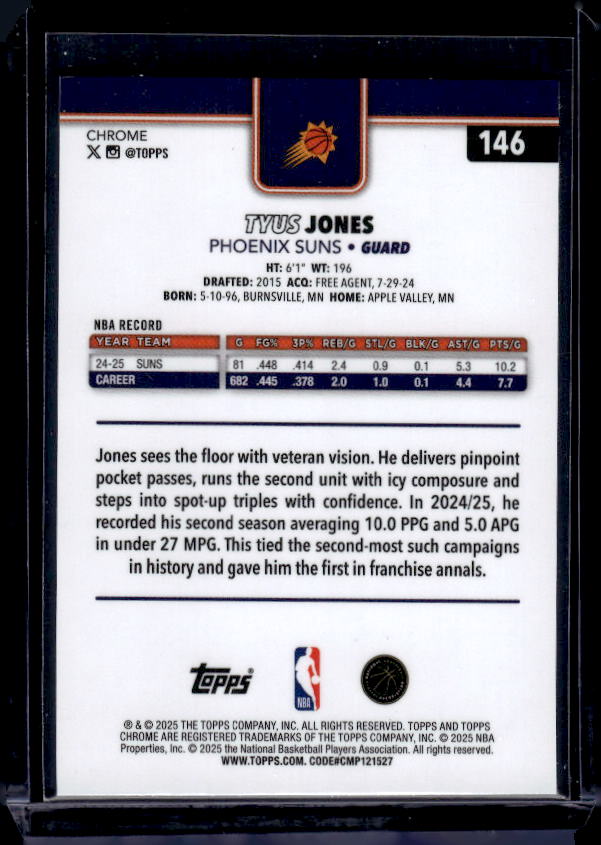 2025-26 Topps Chrome #146 Tyus Jones Pulsar Refractor