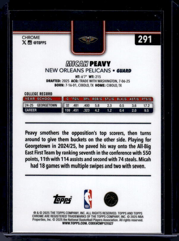2025-26 Topps Chrome #291 Micah Peavy Pulsar Refractor