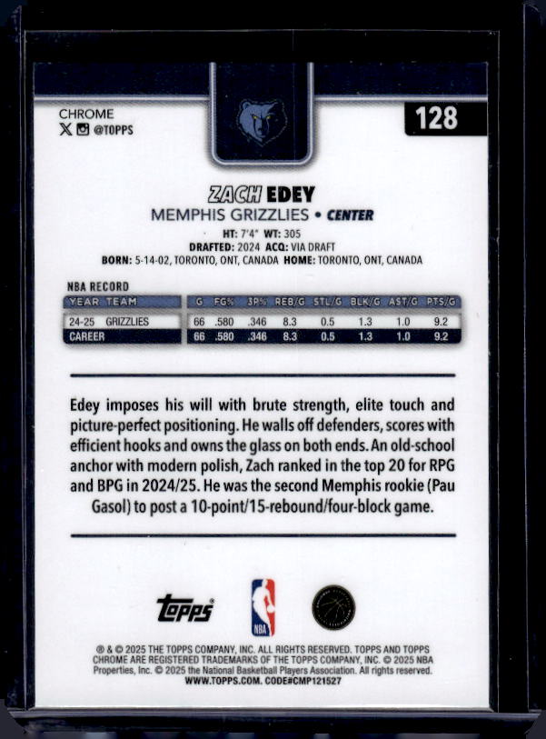 2025-26 Topps Chrome #128 Zach Edey Pulsar Refractor