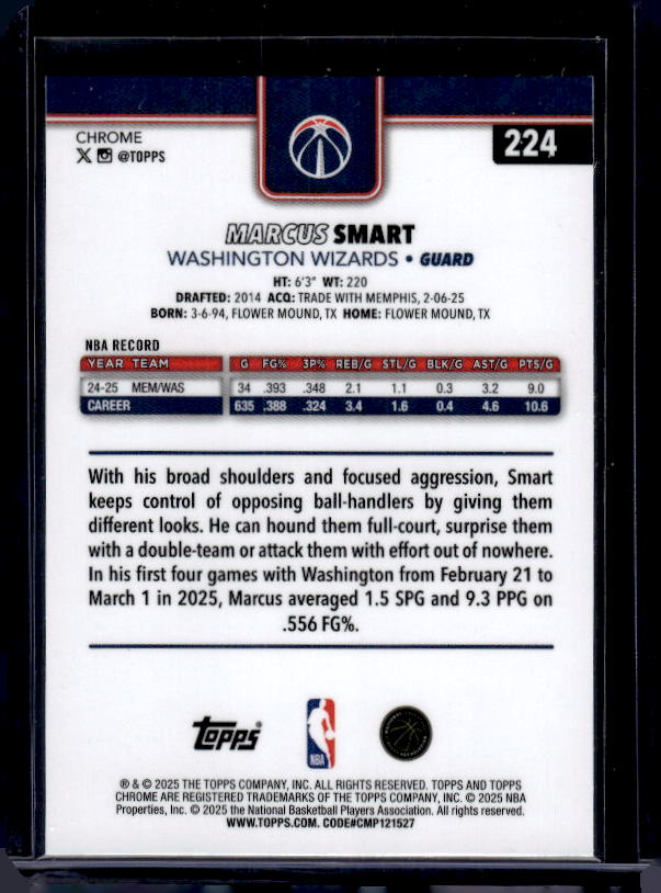 2025-26 Topps Chrome #224 Marcus Smart Pulsar Refractor