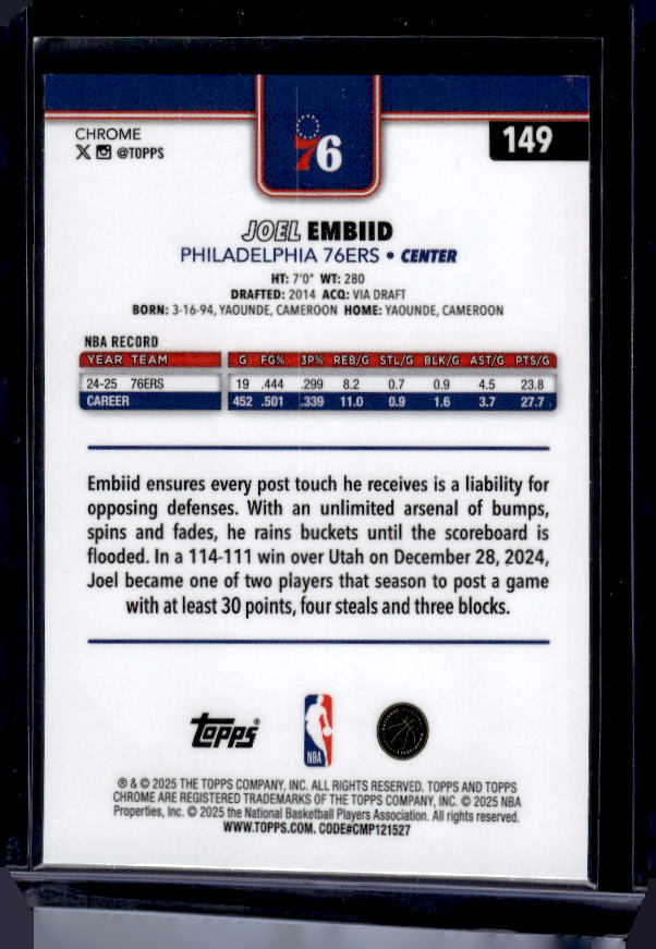 2025-26 Topps Chrome #149 Joel Embiid Pulsar Refractor
