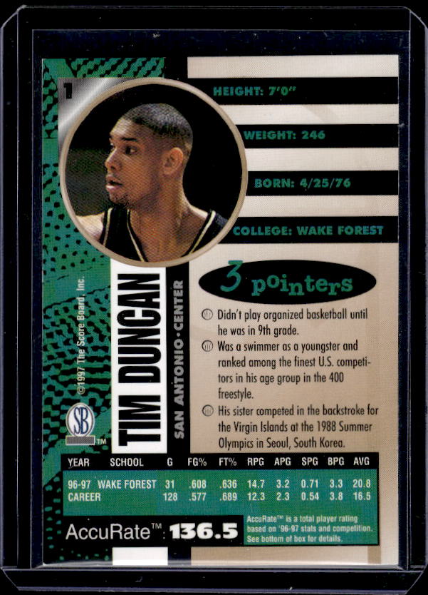 1997-98 Score Board Autographed #1 Tim Duncan