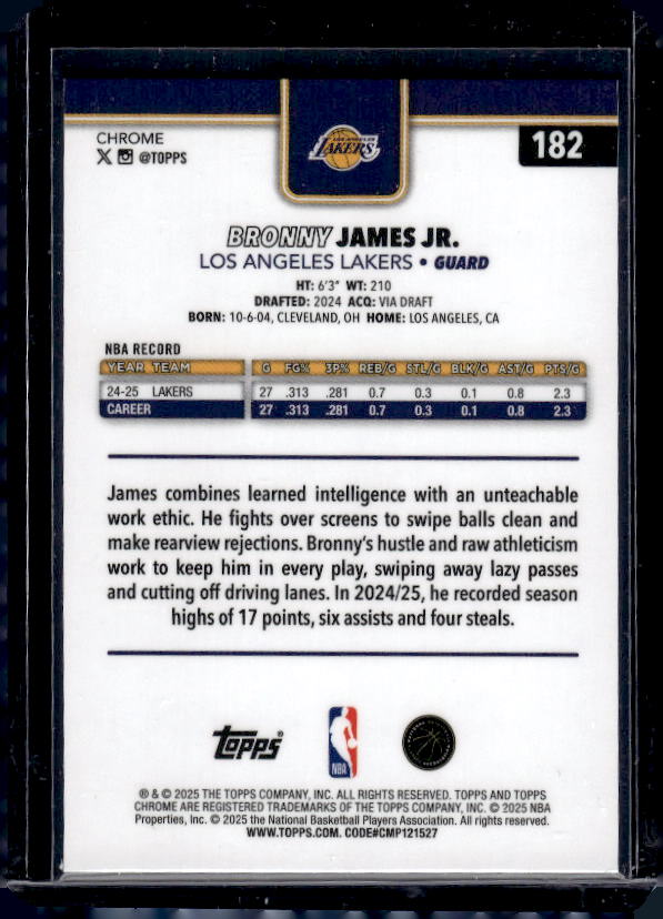 2025-26 Topps Chrome #182 Bronny James Jr. Red White and Blue Refractor
