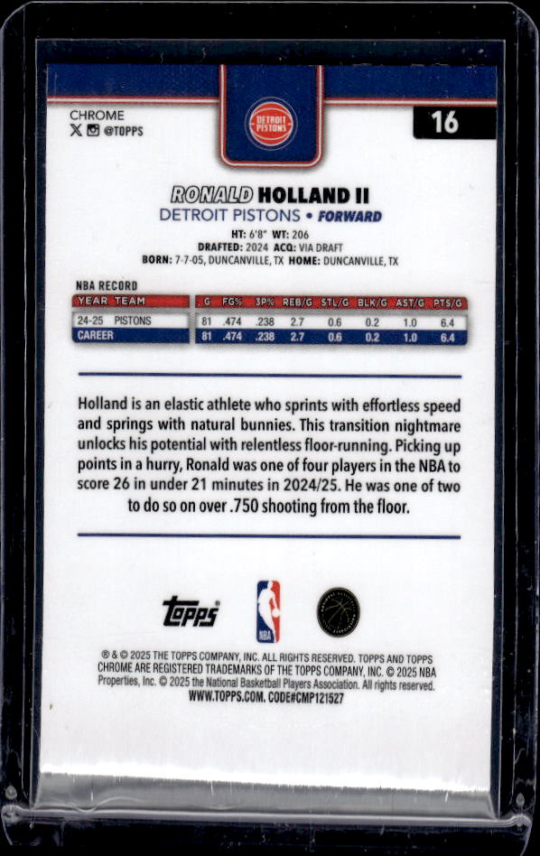 2025-26 Topps Chrome #16 Ron Holland II Basketball Refractor