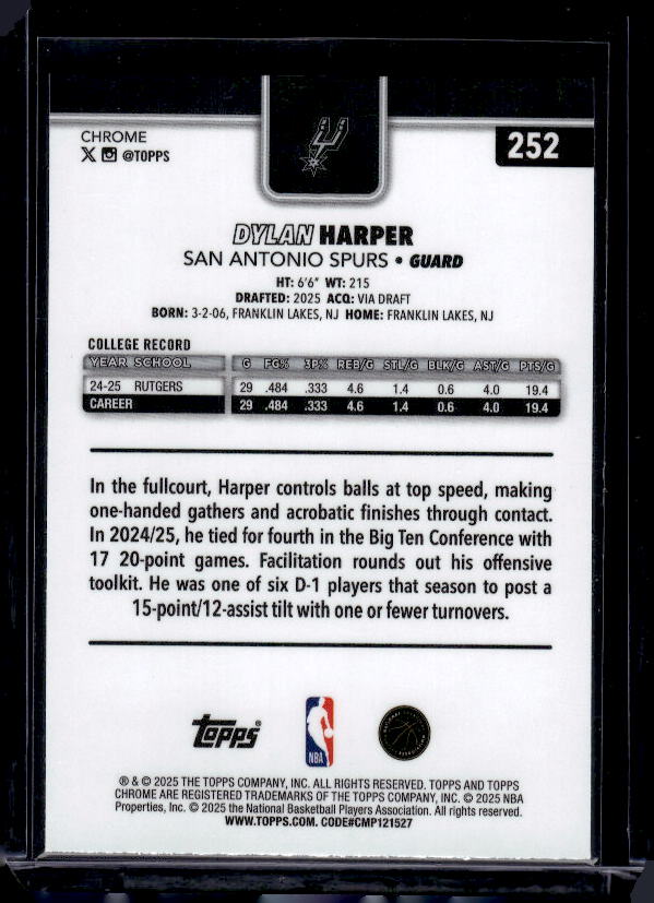 2025-26 Topps Chrome #252 Dylan Harper Pulsar Refractor