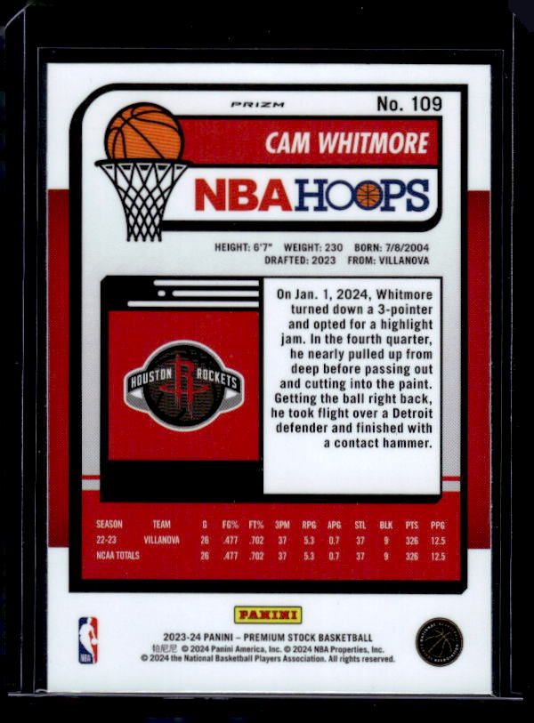 2023-24 Hoops Premium Stock #109 Cam Whitmore Ice Prizm