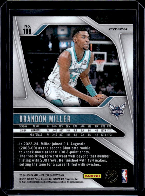 2024-25 Panini Prizm #109 Brandon Miller Prizms Red White and Blue