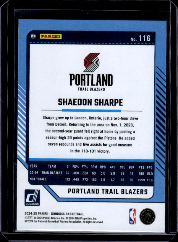 2024-25 Donruss #116 Shaedon Sharpe Holo Green Laser