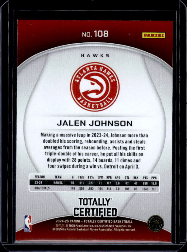 2024-25 Panini Totally Certified #108 Jalen Johnson Mirror Maroon