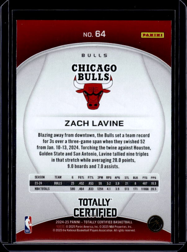 2024-25 Panini Totally Certified #64 Zach LaVine Mirror Silver Platinum #/75