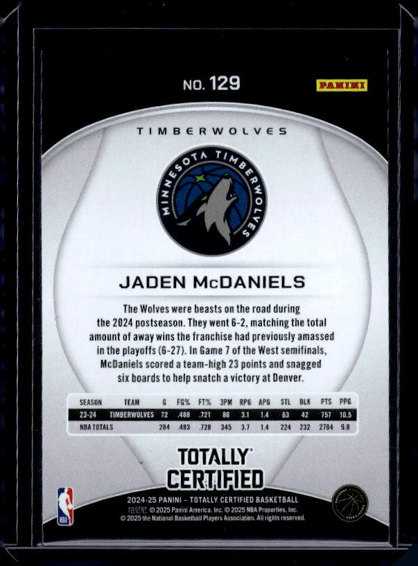 2024-25 Panini Totally Certified #129 Jaden McDaniels Mirror