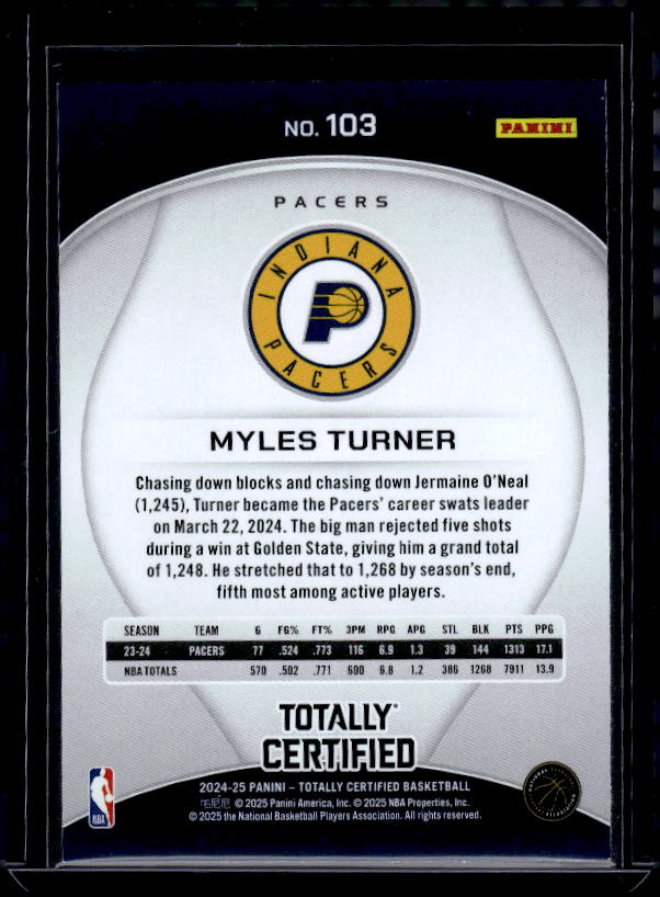 2024-25 Panini Totally Certified #103 Myles Turner
