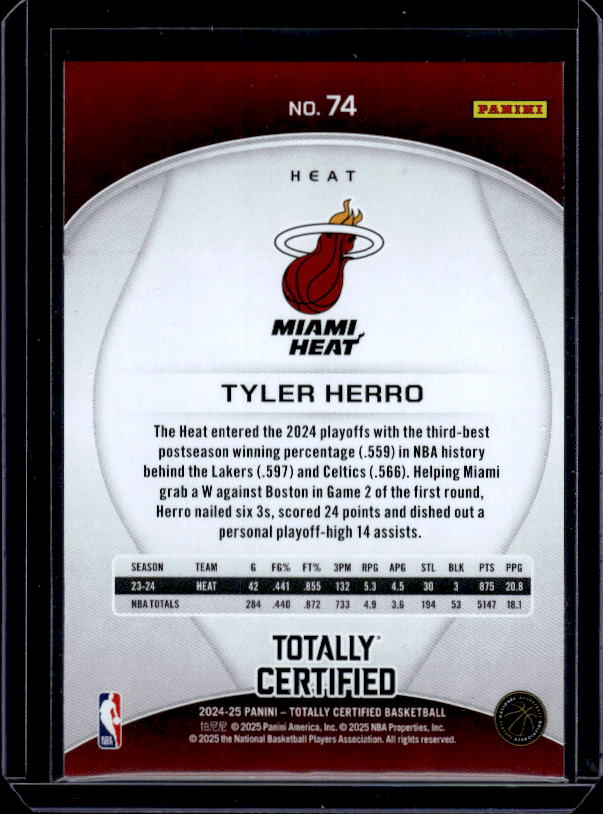 2024-25 Panini Totally Certified #74 Tyler Herro Mirror Maroon