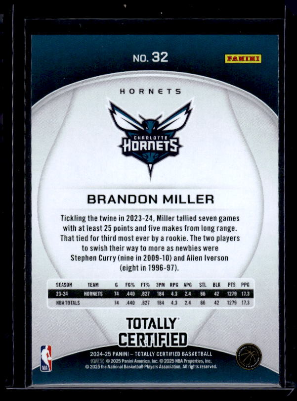 2024-25 Panini Totally Certified #32 Brandon Miller Mirror Maroon